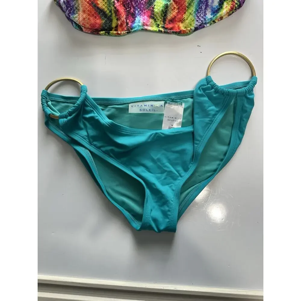 Vitamin A Soleil Womens M Bikini Set Turquoise Snake Print Ring Bottom NWT